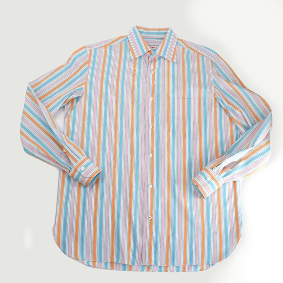 ISAIA Napoli Men's Shirt Multicolor Cotton Striped Long Sleeve Button Front L - Picture 5 of 16